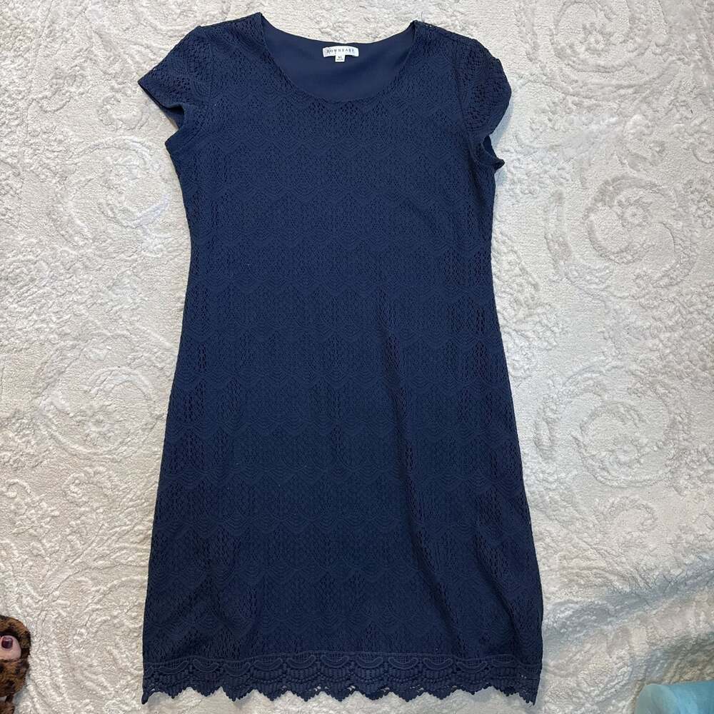 DownEast Navy Blue Crochet Lace Shift Dress‎ XL Short Sleeve Embroidered Hem